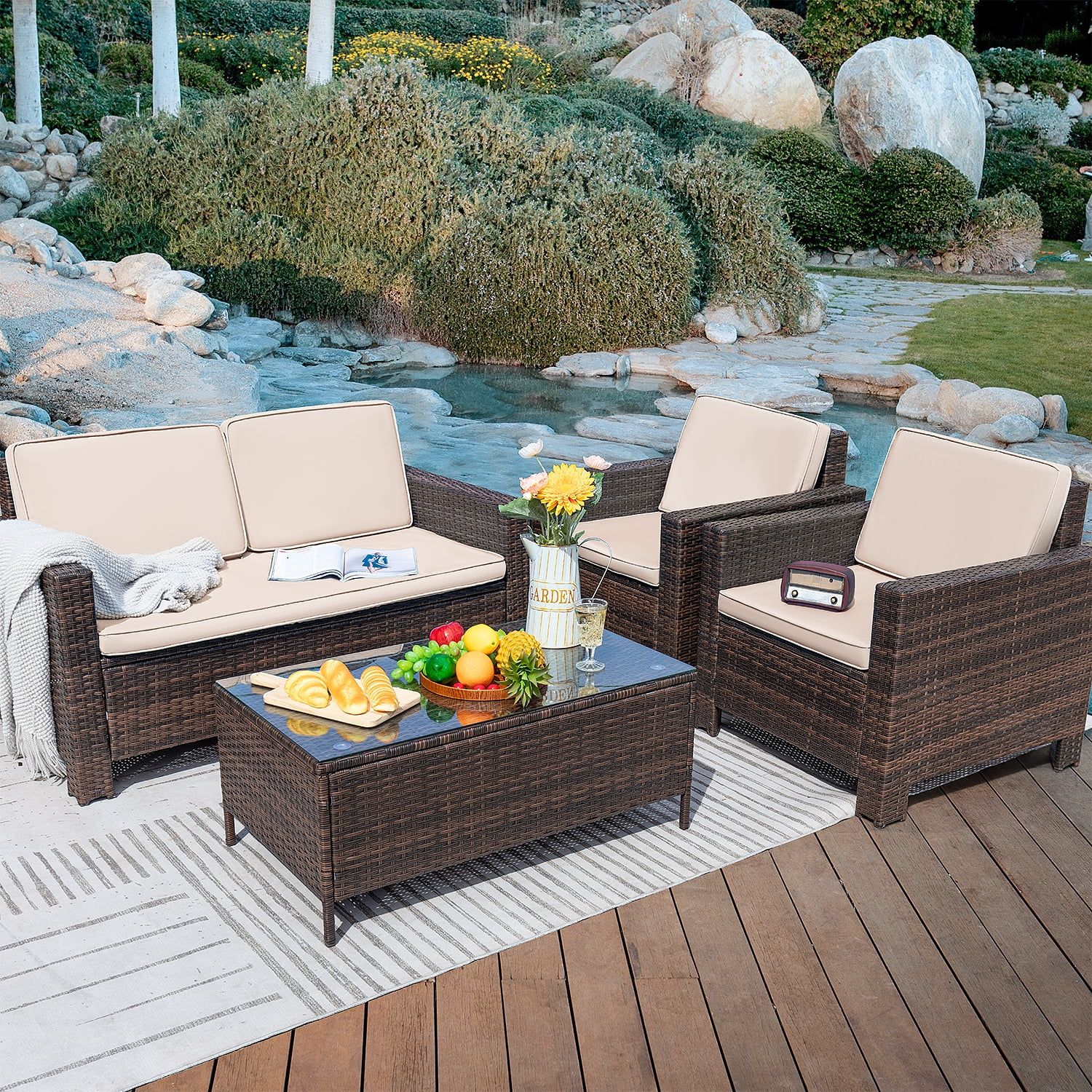 Lacoo 4 Pieces Patio Furniture Sets Rattan Chair Wicker Conversation Sofa Set Outdoor Backyard Po... | Walmart (US)