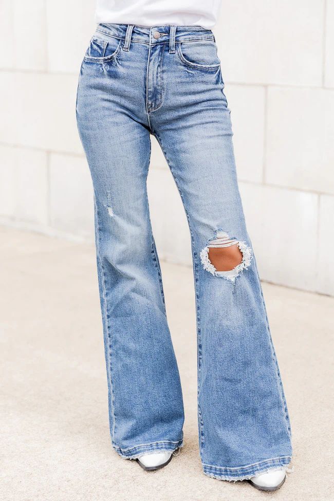 Kara Distressed Medium Wash Flare Jeans | Pink Lily