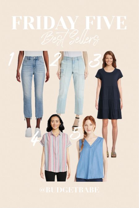 This week’s most loved include the Walmart destructed hem jeans (tts), Walmart utility crop jean (go down one size), tiered knit dress (tts), linen short sleeve shirt (tts) and sleeveless vneck top (runs big go down one size). #walmartfashion 

#LTKFindsUnder100 #LTKOver40 #LTKFindsUnder50