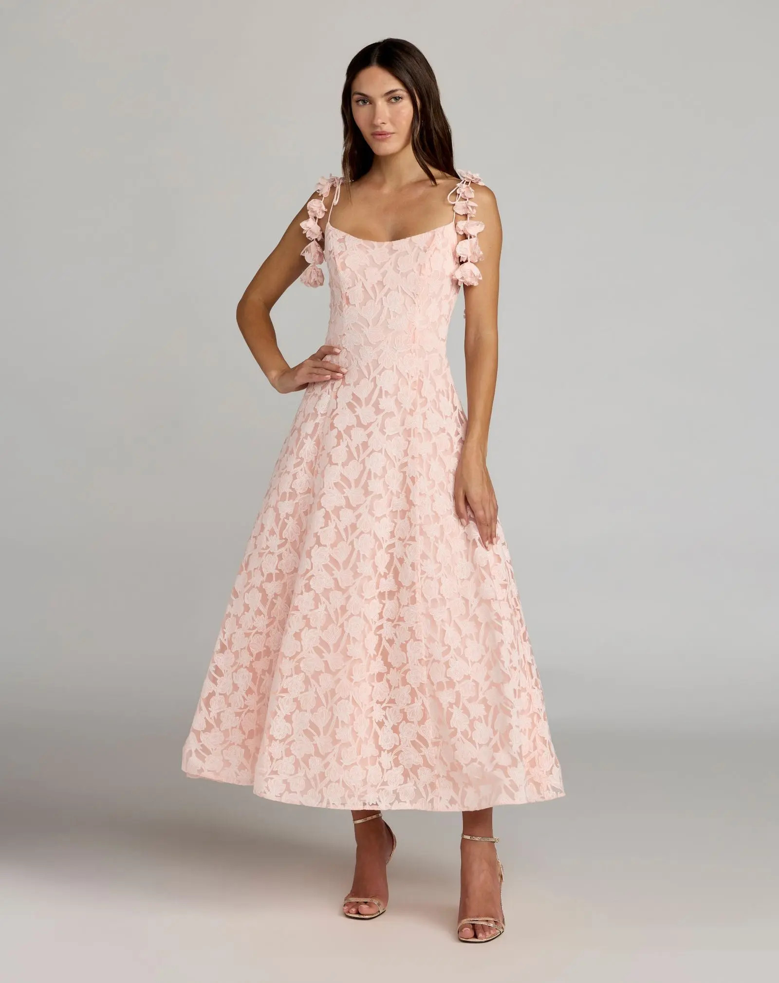 Pink Scoop Neck Floral A-Line Midi Dress | Mac Duggal | Mac Duggal