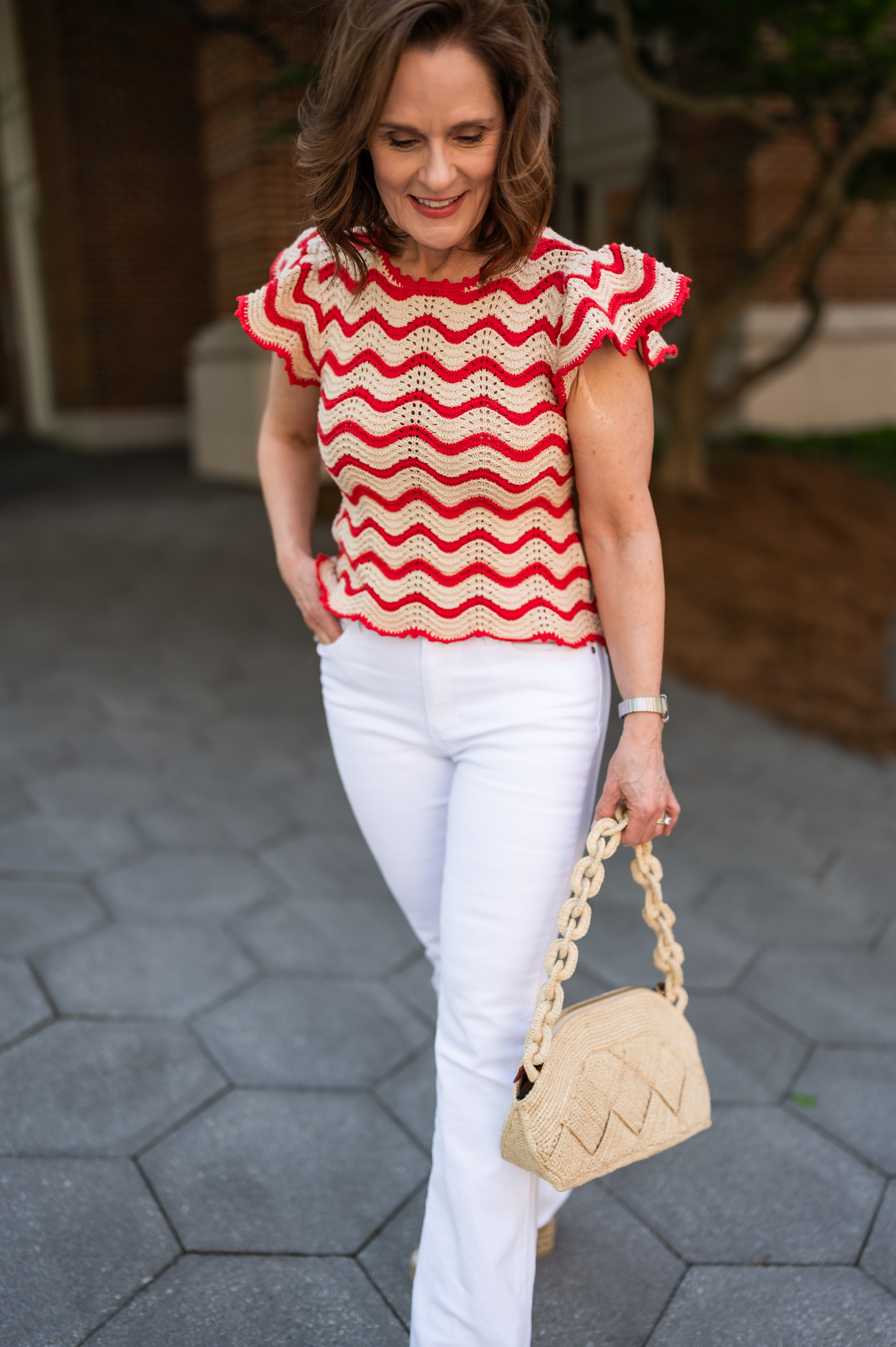 crochet peplum top with short sleeves, white flare jeans, woven handbag

elevated casual outfit, white jeans outfit 

 

#LTKOver40 #LTKPetite #LTKStyleTip