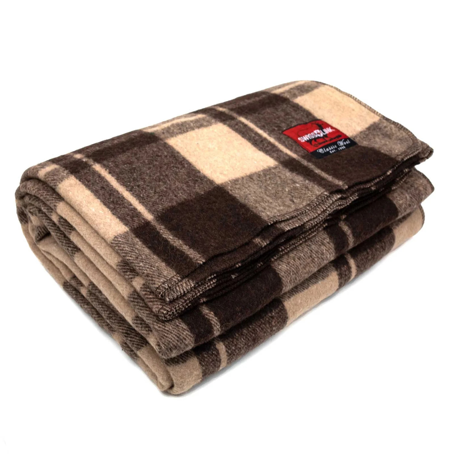 Swiss Link Military Surplus 90 x 62 Inch Classic Wool Plaid Blanket, Brown | Walmart (US)