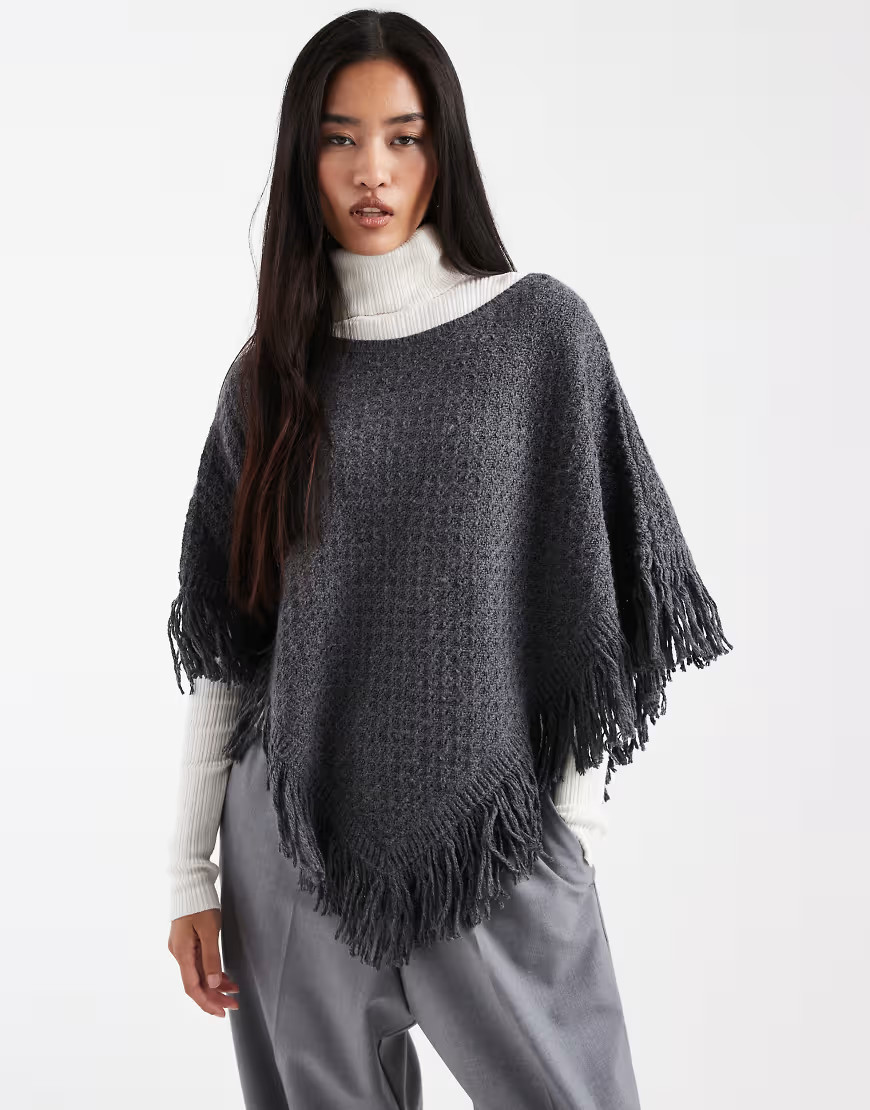 Hollister knitted fringe detail poncho in dark grey | ASOS (Global)