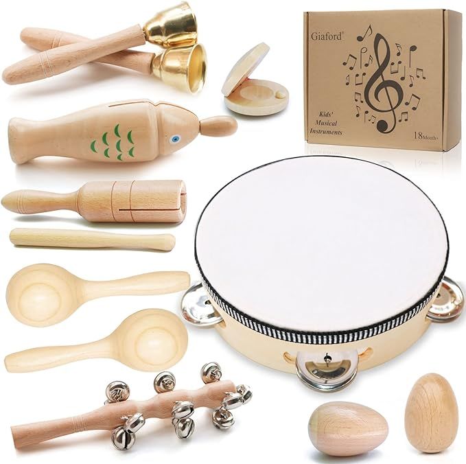 Toddler Wooden Musical Instruments Kids Drum Set Toy Tambourine Maracas,Rattle, Music Shaker, Sti... | Amazon (US)