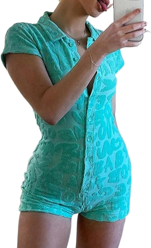 KMBANGI Short Sleeve Jumpsuit for Women Bodycon Sexy V Neck Buttons Rompers Shorts Towelling Play... | Amazon (US)