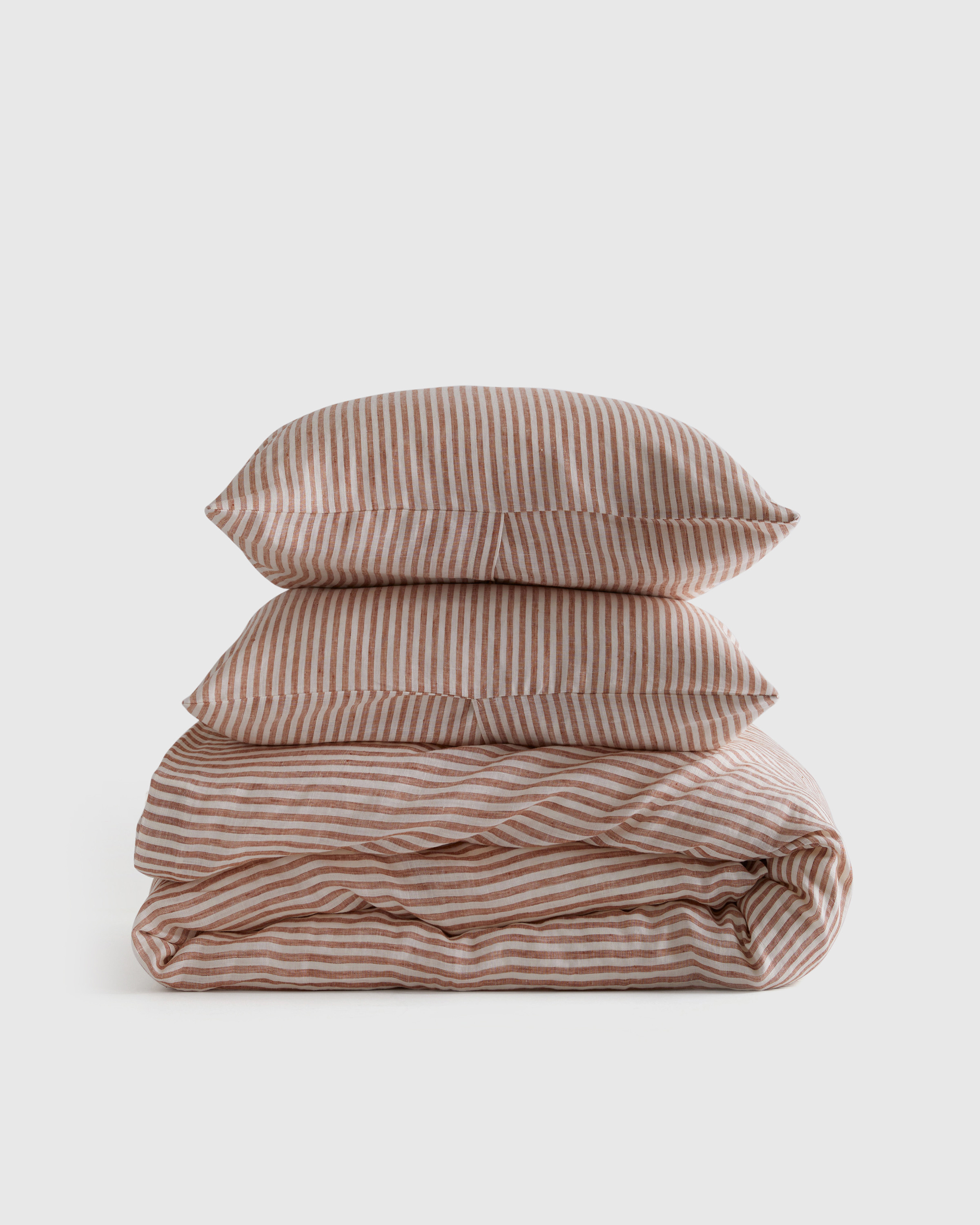 Quince | European Linen Stripe Duvet Cover Set in Terracotta/White, Belgian Linen, Size King/Cal King | Quince