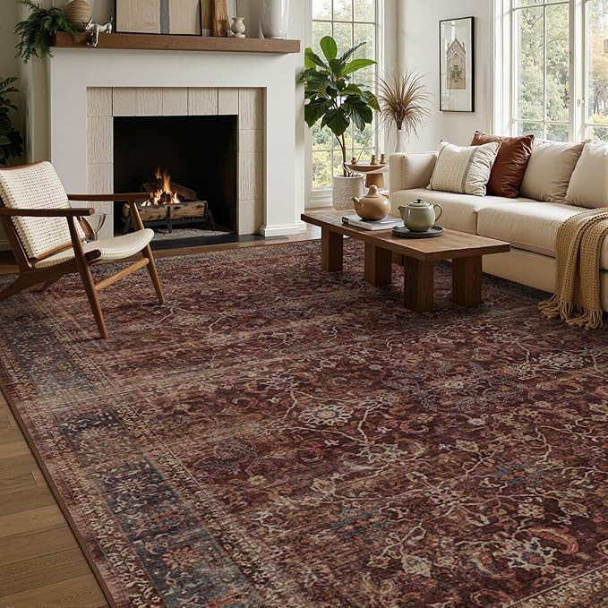 Washable Rugs 8x10 Brick Red, Earth Tone Thin Area Rugs for Living Room, Vintage Distressed Bedro... | Amazon (US)