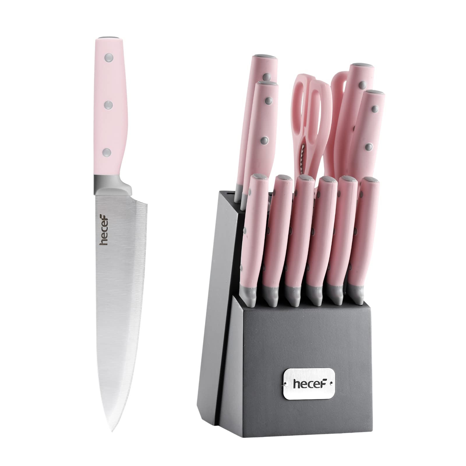 hecef Kitchen Knife Block Set, 14 Pieces Set with Wooden Block & Sharpener Steel & All-purpose Sc... | Amazon (US)
