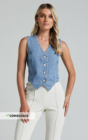 Adriene Top - Button Through Denim Vest in Mid Blue Wash | Showpo (US, UK & Europe)