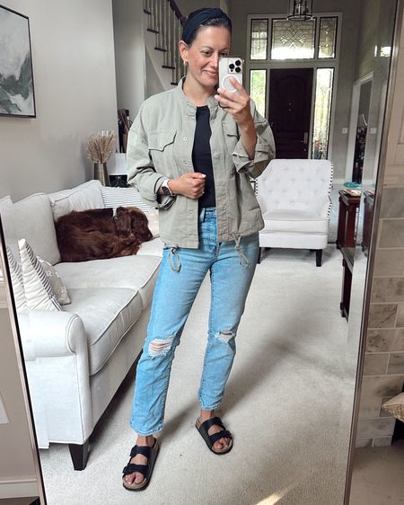 Casual spring outfit idea with a utility jacket, black tee, straight leg jeans and Birkenstock look for less sandals from Amazon!



#LTKstyletip #LTKfindsunder50 #LTKover40