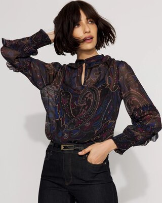 Women's Jacquard Ruffle Sleeve Chiffon Blouse in Arcane Paisley L Black size XXS | White House Black Market, What To Wear To Work | White House Black Market