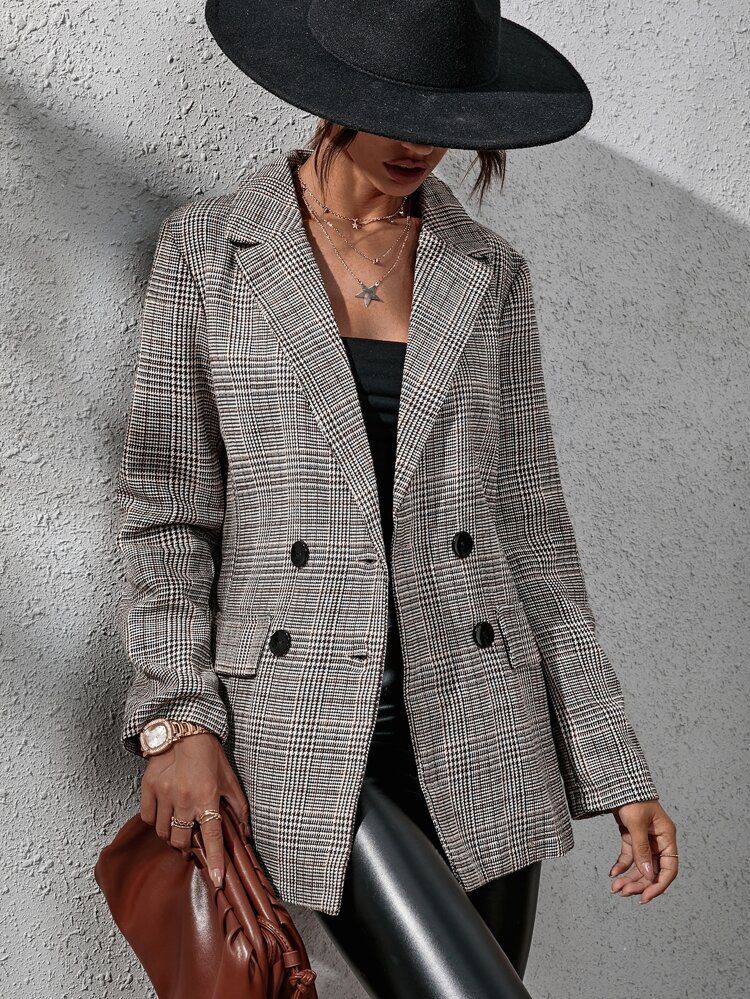 Plaid Print Double Breasted Blazer | SHEIN