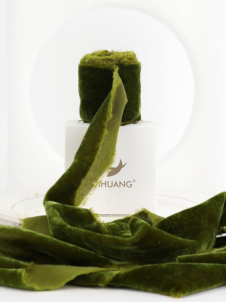 HUIHUANG Olive Green Velvet Ribbon 2 inch Handmade Fringe Frayed Silk Velvet Ribbon for Flower Bo... | Amazon (US)