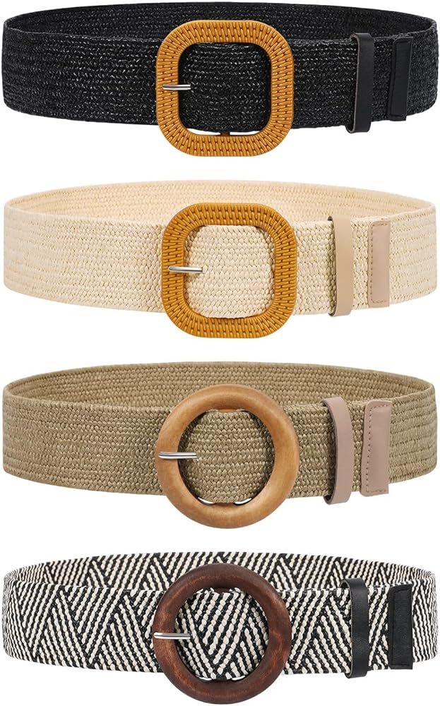 VONMELLI 4 Pack Straw Woven Elastic Stretch Waist Belt Fashion Boho Dress Braided Belts for Women | Amazon (US)