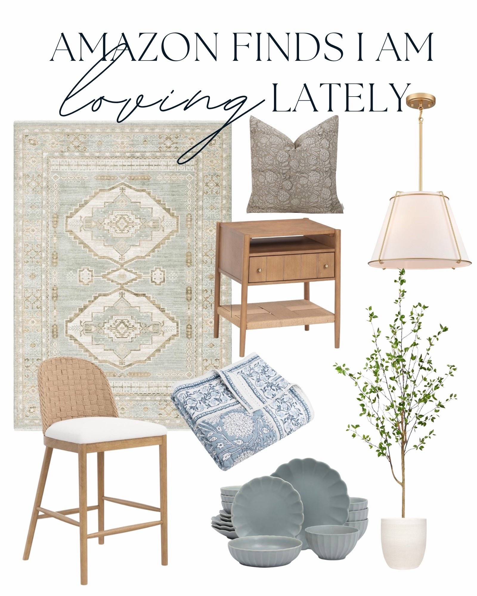 Amazon home finds I’m loving lately ✨ Soft blues, warm wood tones, and timeless pieces. 

amazon home finds, amazon decor, neutral home decor, blue and beige decor, vintage style rug, traditional rug, wood nightstand, woven barstool, counter stool, pendant lighting, throw pillow cover, quilt bedding, scalloped dinnerware, faux tree, affordable home, classic home style, spring home refresh, cozy home decor



#LTKSaleAlert #LTKdayinmylife #LTKHome
