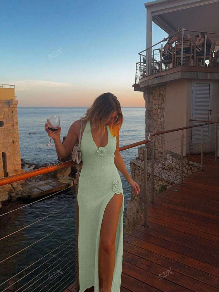 Women's Vacation Style V-Neck Halter Sexy Sheer Knitted Sweater Dress Backless Embroidery Open Le... | SHEIN