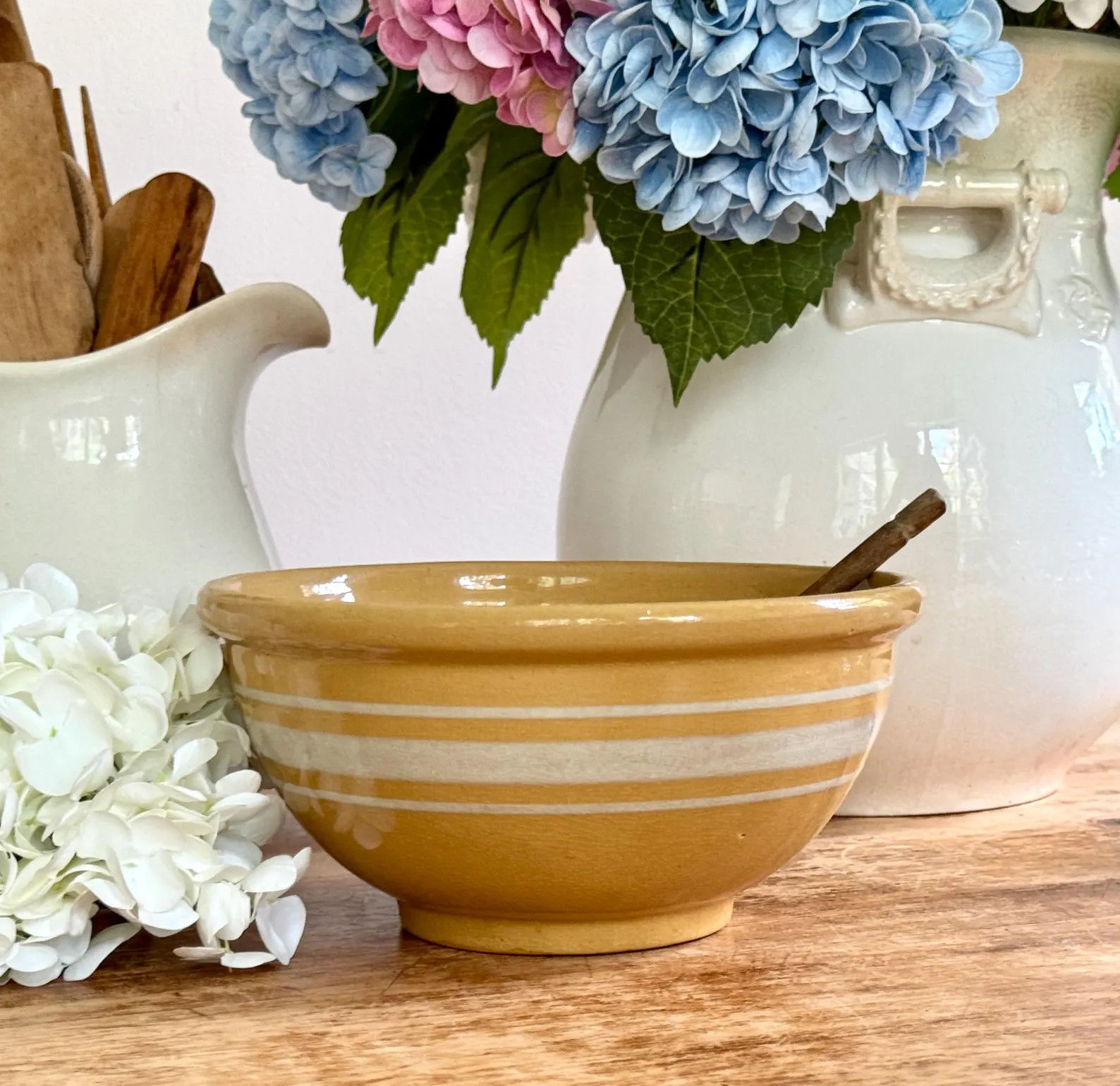 Antique Yellowware Stoneware Mixing Dough Bowl White Bands Yellow Ware Farmhouse Kitchen - Etsy | Etsy (US)