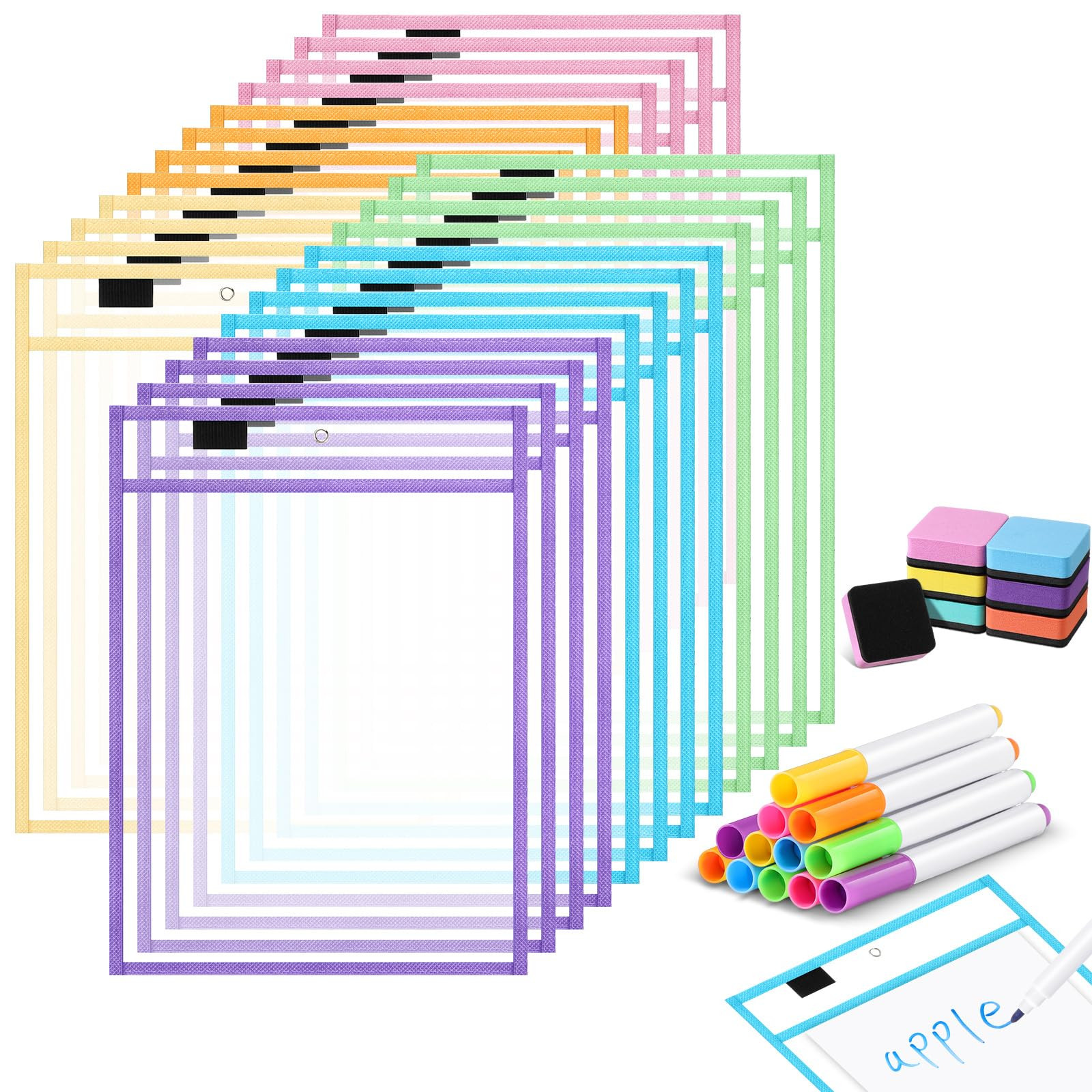24 Pack Dry Erase Pocket Reusable Sleeves 10" x 14" Clear Plastic Sheet Protectors with Dry Erase Markers and Mini Sleeves Paper Teacher Supplies(Pastel) | Amazon (US)