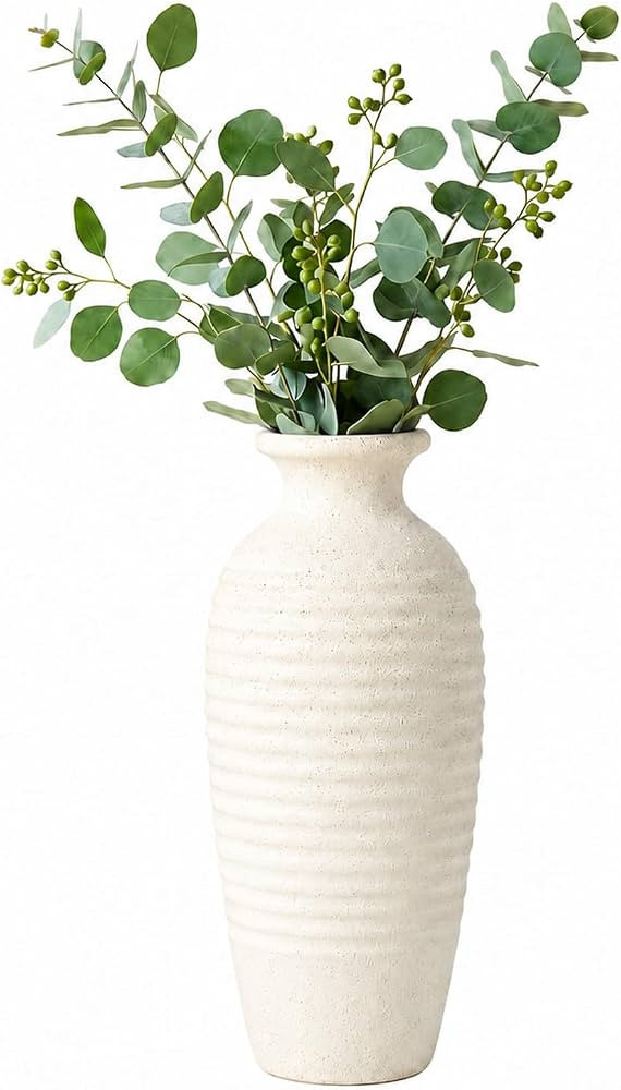 14.4 Inch Farmhouse Ceramic Vase for Pampas Grass, Off White | Amazon (US)