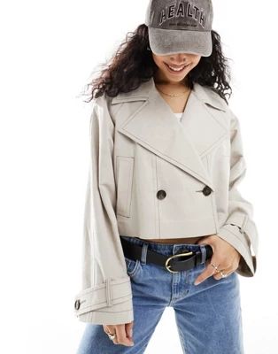 ASOS DESIGN linen cropped trench coat in stone | ASOS (Global)