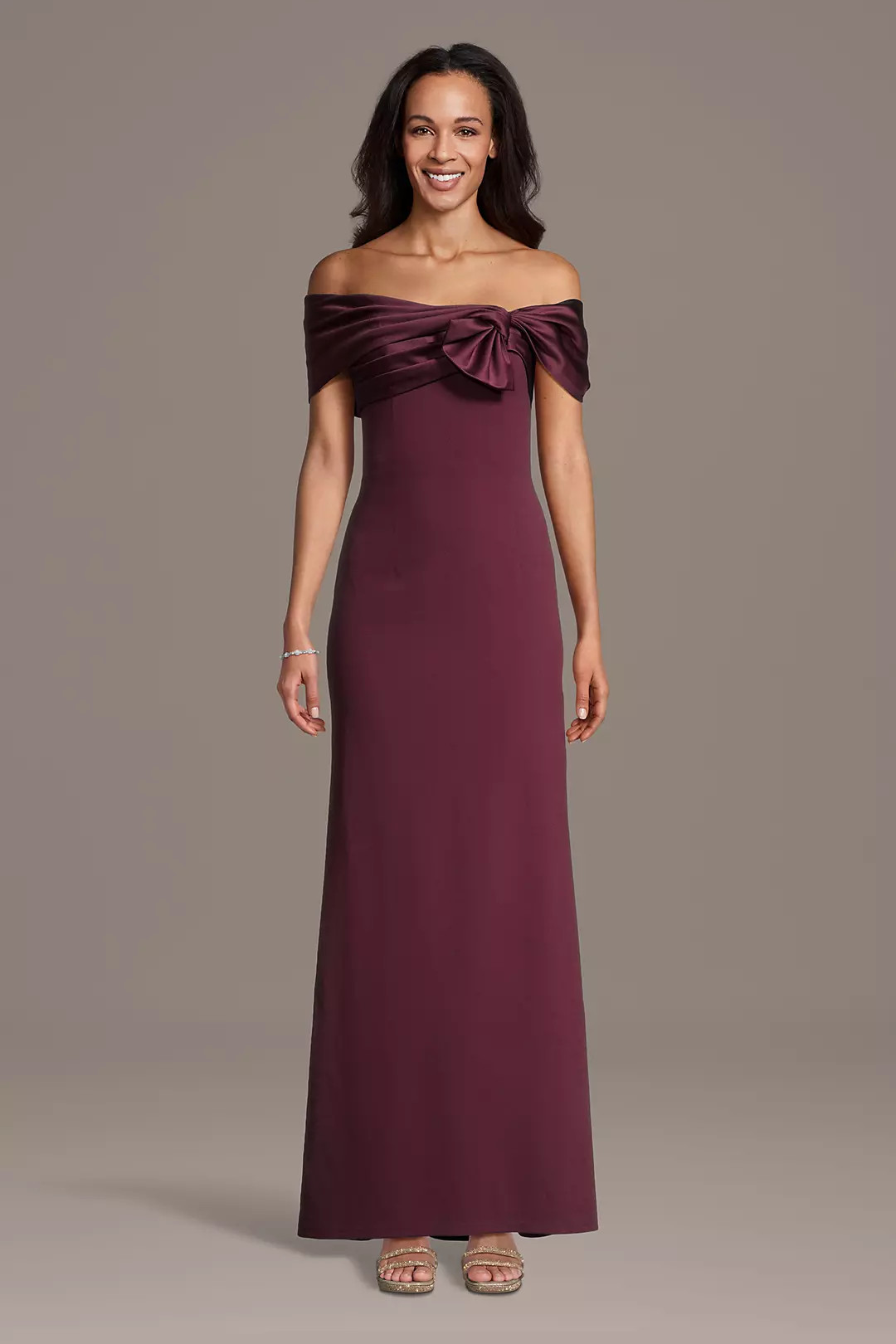 Asymmetrical Off-the-Shoulder Crepe Sheath Dress | David's Bridal