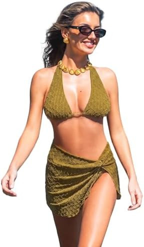 CUPSHE Women's Bikini Sets Three Piece Swimsuit V Neck Textured Halter Back Self Tie Twist Sarong... | Amazon (US)
