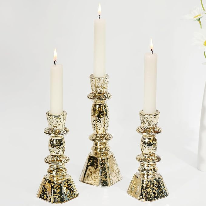 Glass Candlestick Holders Set of 3,Mercury Glod Taper Candle Holders for Table Centerpiece, Home ... | Amazon (US)