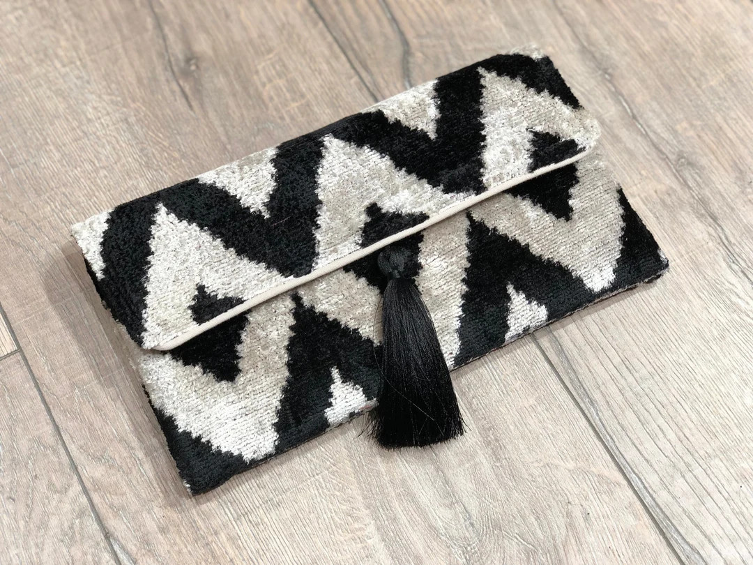 Black White Clutch Bag, Velvet Clutch Bag, Boho Clutch Bag, Evening Bag, Ikat Velvet Bag, Wedding... | Etsy (US)