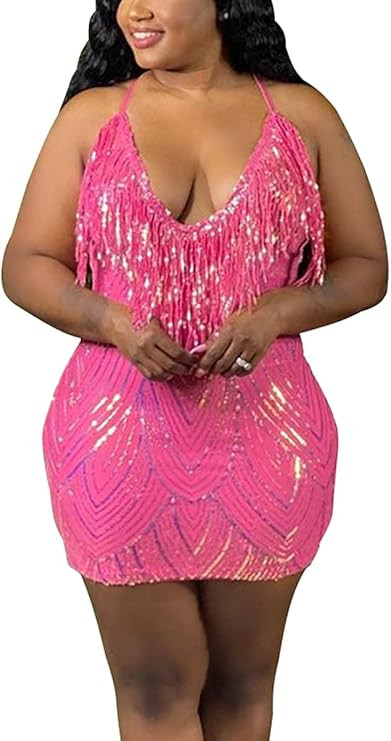 WUSENST Women's Sexy Bodycon Party Mini Dress Deep V Neck Sequin Backless Spaghetti Straps Clubwe... | Amazon (US)