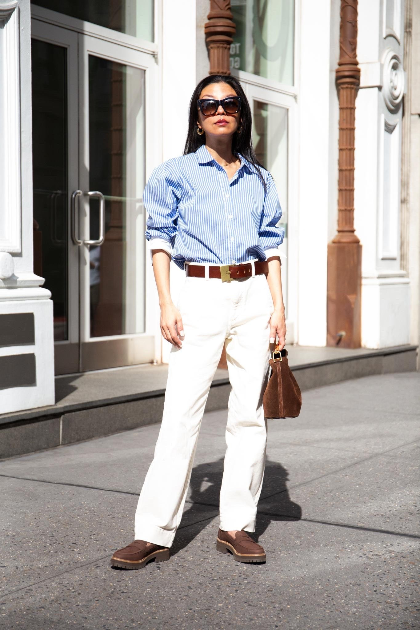 The kind of outfit that never goes out of style 🤍

A crisp striped button-down, ivory trousers, rich brown accessories, and loafers you'll wear on repeat. Classic, polished, and easy enough for everything from meetings to weekend coffee runs.

Shop the look below ✨

#LTKootd #LTKSeasonal #LTKOver40