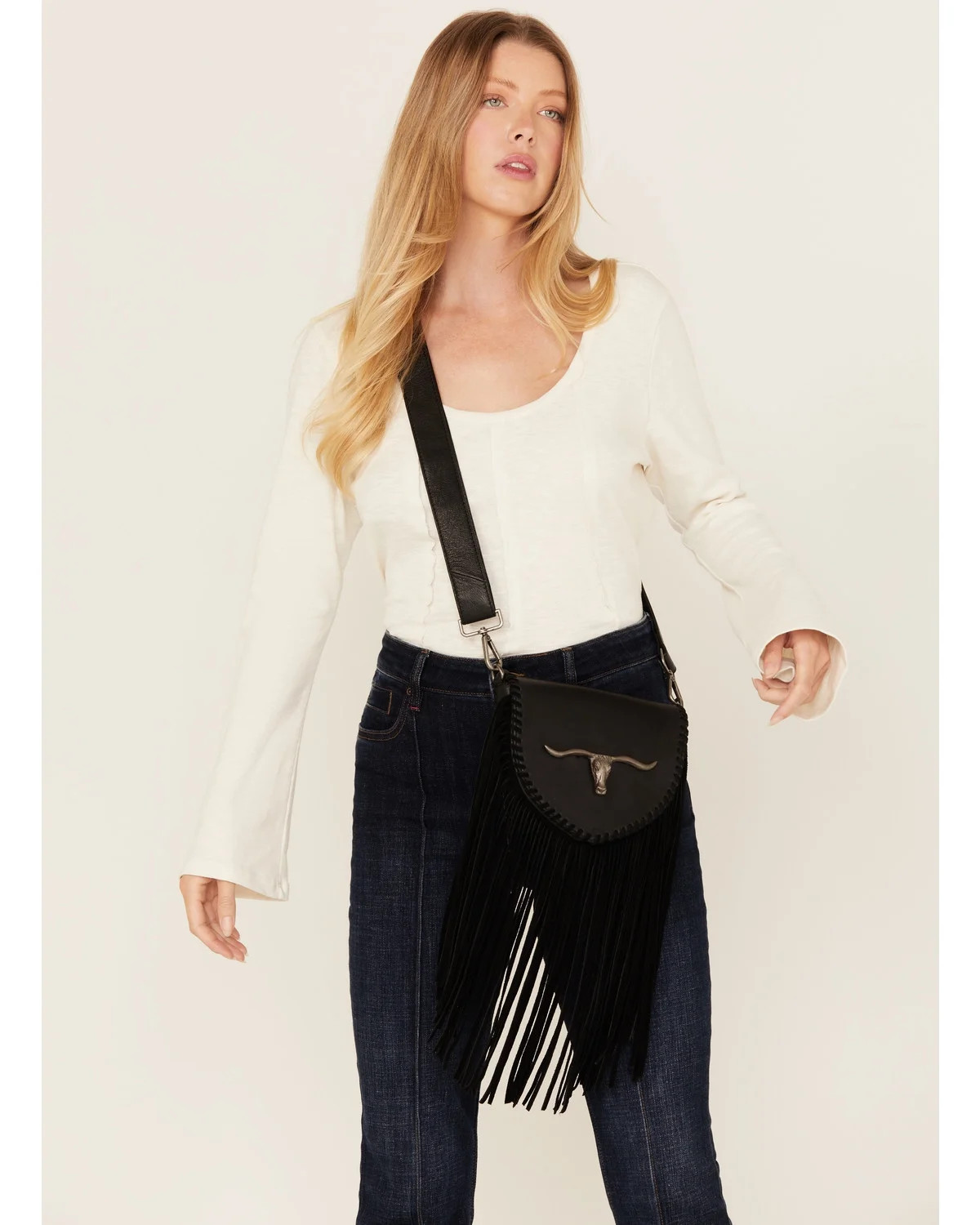 Idyllwind Women's Esperanza Longhorn Leather Fringe Crossbody Bag Black One Size | Walmart (US)