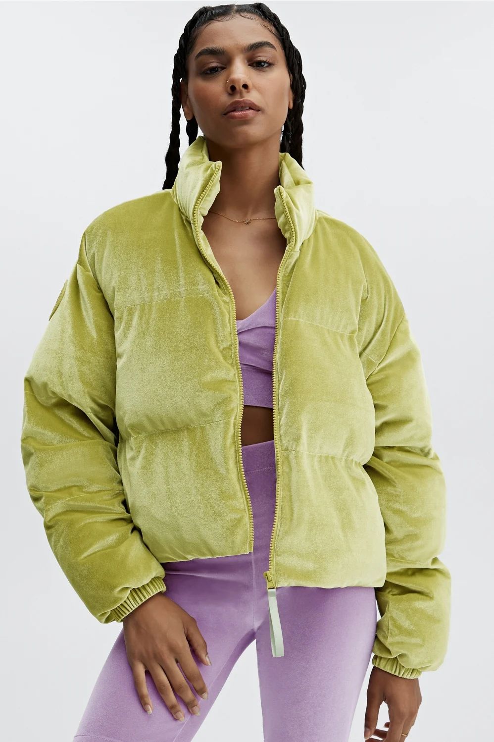 Wander Velour Cropped Puffer Jacket | Fabletics - North America