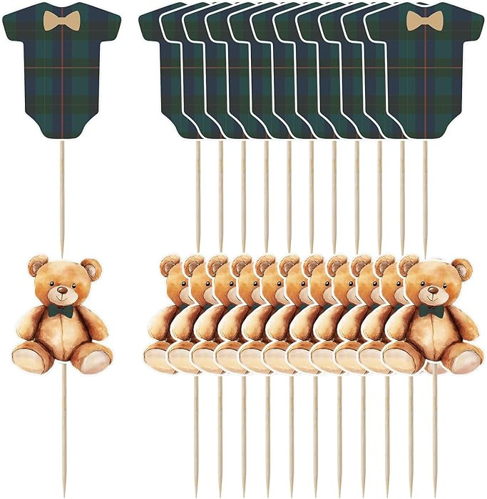 Novabright 24 Pcs Green Blue Tartan Plaids Shirt and Bear Cupcake Toppers Decoration Kits for Bab... | Amazon (US)