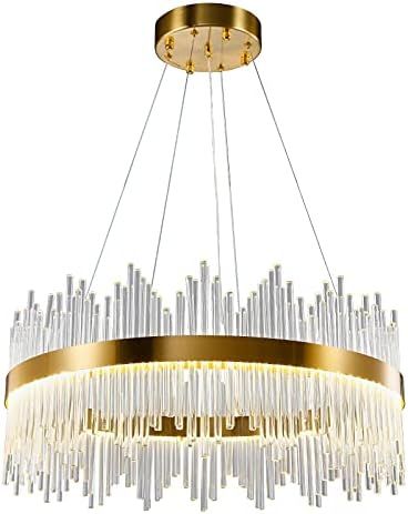 Modern Crystal Chandelier, Round Crystal Gold LED Hanging Ceiling Light, 3-Way Dimmable Pendant Ligh | Amazon (US)
