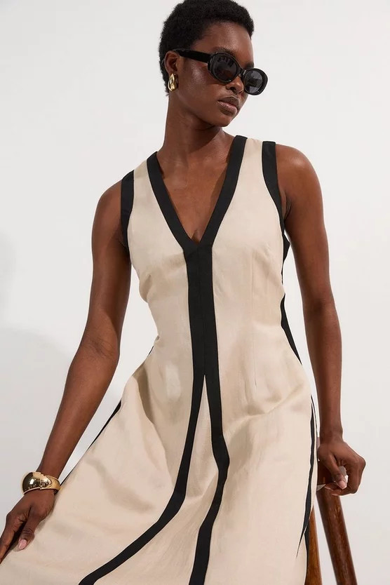 Contrast Linen Plunge Neck Woven Maxi Dress | Karen Millen UK + IE + DE + NL