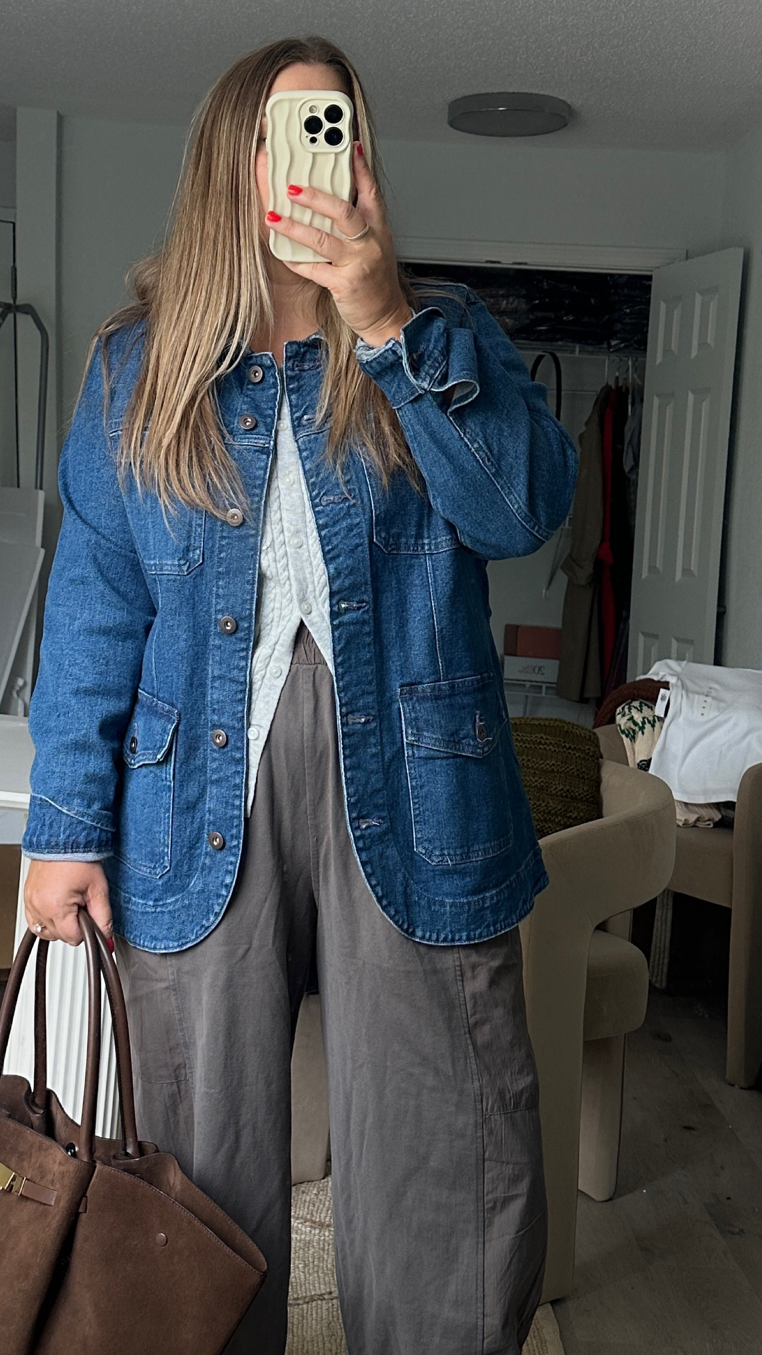 Pants coming soon to hazeltide.com

Jacket tts: im in my regular coat size large to allow for layering

Cardigan- i sized up 2 sizes for looser fit