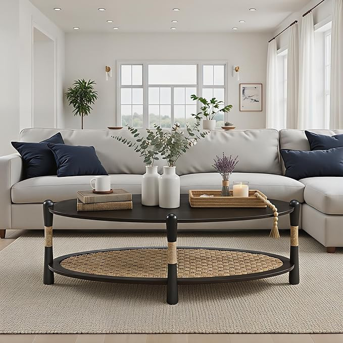 Harbor Oak 46" Oval Oak Wood Coffee Table with Seagrass Accents and Shelf Storage | Coastal Boho ... | Amazon (US)