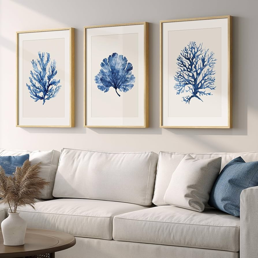 Framed Coastal Coral Wall Art for Living Room, Large Navy Blue Watercolor Coral Artwork for Walls... | Amazon (US)