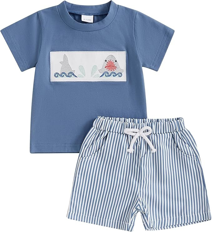 Toddler Baby Boy Clothes Summer Outfits Embroidery Smocked Short Sleeve Shirt T-Shirt + Gingham S... | Amazon (US)