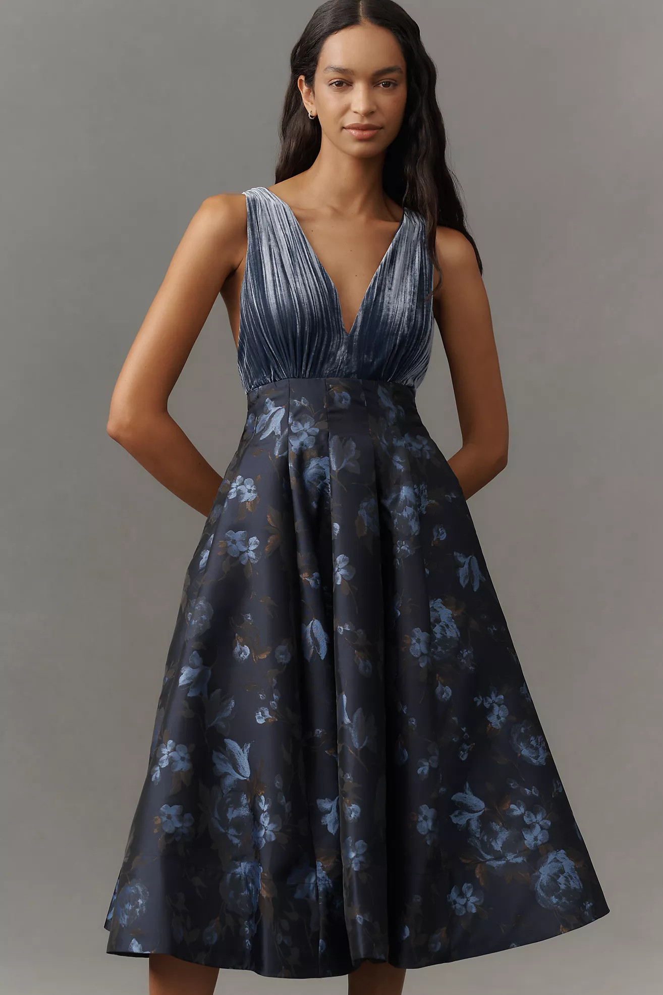 Maeve V-Neck Velvet Jacquard A-Line Midi Dress | Anthropologie (US)