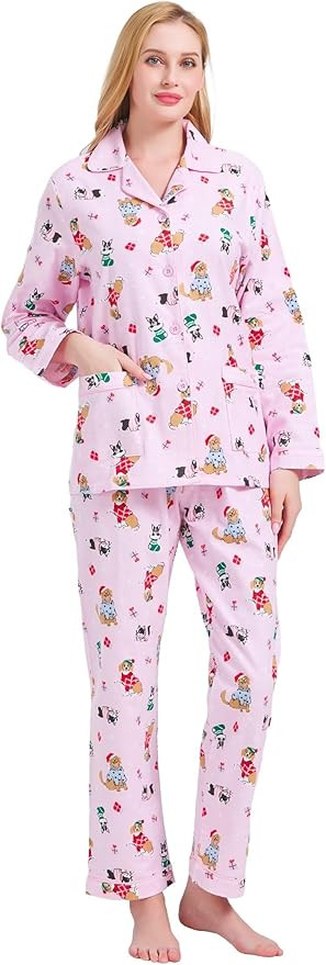 GLOBAL Women's Flannel Pajamas Set 100% Cotton PJs for Women Long Sleeve Button Drawstring Waist ... | Amazon (US)
