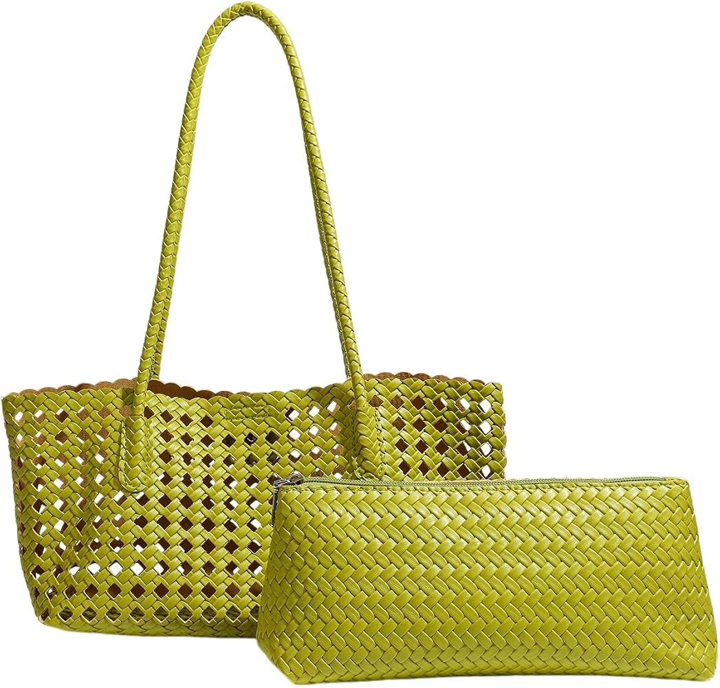 Woven Tote Bag for Women with Zipper Pouch Structured Base Summer Beach Bag Y2KShoulder Magnetic ... | Amazon (US)