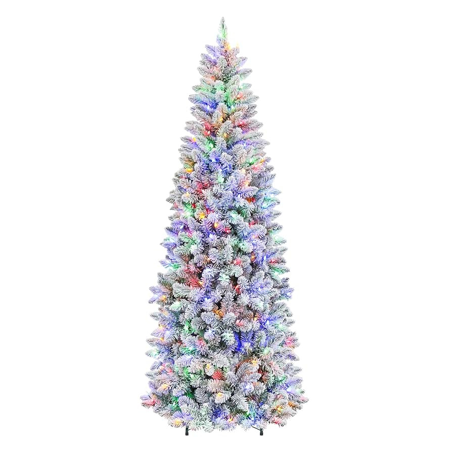 Hykolity 6 ft Prelit Snow Flocked Pencil Slim Christmas Tree, 544 PVC Branch Tips, 200 Color Chan... | Amazon (US)