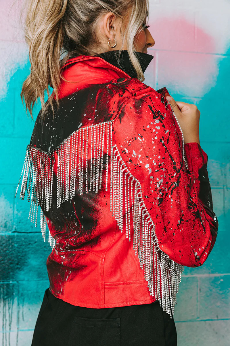 BuddyLove | Rife Crystal Fringe Vegan Leather Jacket | Red Splatter | BuddyLove