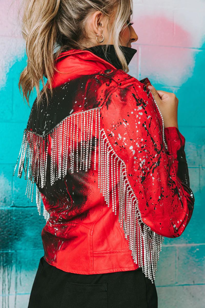 BuddyLove | Rife Crystal Fringe Vegan Leather Jacket | Red Splatter | BuddyLove