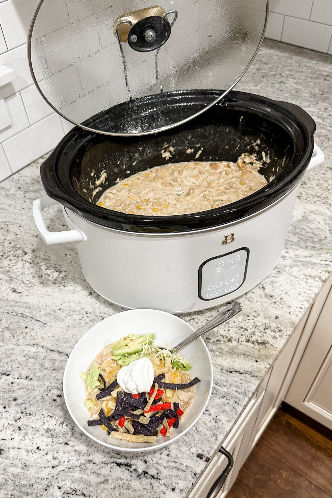 🥣 Creamy Crockpot White Chicken Chili 🥣

When the weather gets chilly, nothing hits the spot like this easy white chicken chili! Made in the slow cooker, it’s creamy, flavorful, and perfect for busy nights.

Ingredients:

• 1 lb boneless, skinless chicken breasts
• 24 oz chicken broth (low sodium)
• 2 (15 oz) cans great Northern beans, drained and rinsed
• 2 (4 oz) cans diced green chiles (one hot, one mild)
• 1 (15 oz) can whole kernel corn, drained
• 1 tsp each: salt, cumin, paprika, chili powder, onion powder
• 1/2 tsp black pepper
• 8 oz cream cheese, softened

Toppings: sliced jalapeños, avocado, sour cream, tortilla strips, shredded Monterey Jack or Mexican cheese, minced cilantro

Directions:

1️⃣ Place chicken breasts in the crockpot and season with salt, pepper, onion powder, chili powder, and garlic powder.
2️⃣ Add the beans, green chiles, corn, and chicken broth. Stir to combine.
3️⃣ Cover and cook on LOW for 6-8 hours or HIGH for 3-4 hours.
4️⃣ Remove chicken, shred it, then return it to the crockpot.
5️⃣ Add cream cheese, stir, and cook on HIGH for 15 minutes until creamy and thickened.
6️⃣ Serve with your favorite toppings and enjoy!

This hearty chili is perfect for meal prepping or feeding a crowd. Give it a try and let me know your favorite topping combo! 👇

#CrockpotChili #WhiteChickenChili #SlowCookerRecipes #ComfortFood #EasyDinnerIdeas #WeeknightMeals #CreamyChili #FallRecipes #WinterWarmers #FamilyFavorites #OnePotMeals #SlowCookerMagic #SoupSeason #HeartyRecipes