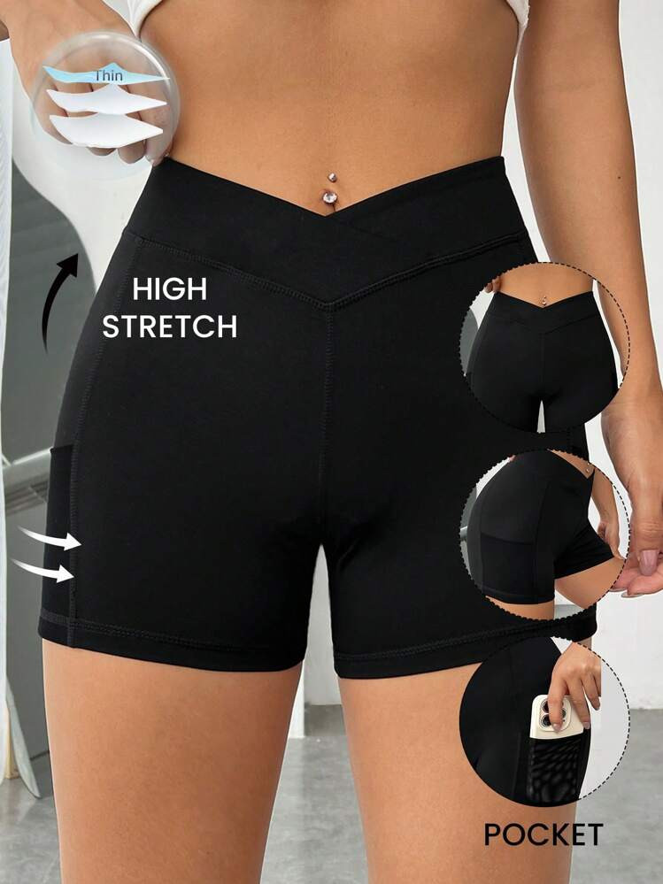 SHEIN EZwear Solid Asymmetrical Waistband Phone Pocket Side Biker Shorts | SHEIN
