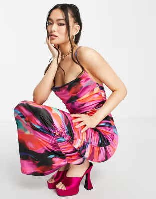 ASOS DESIGN cowl ruched satin maxi dress in smudge print | ASOS (Global)