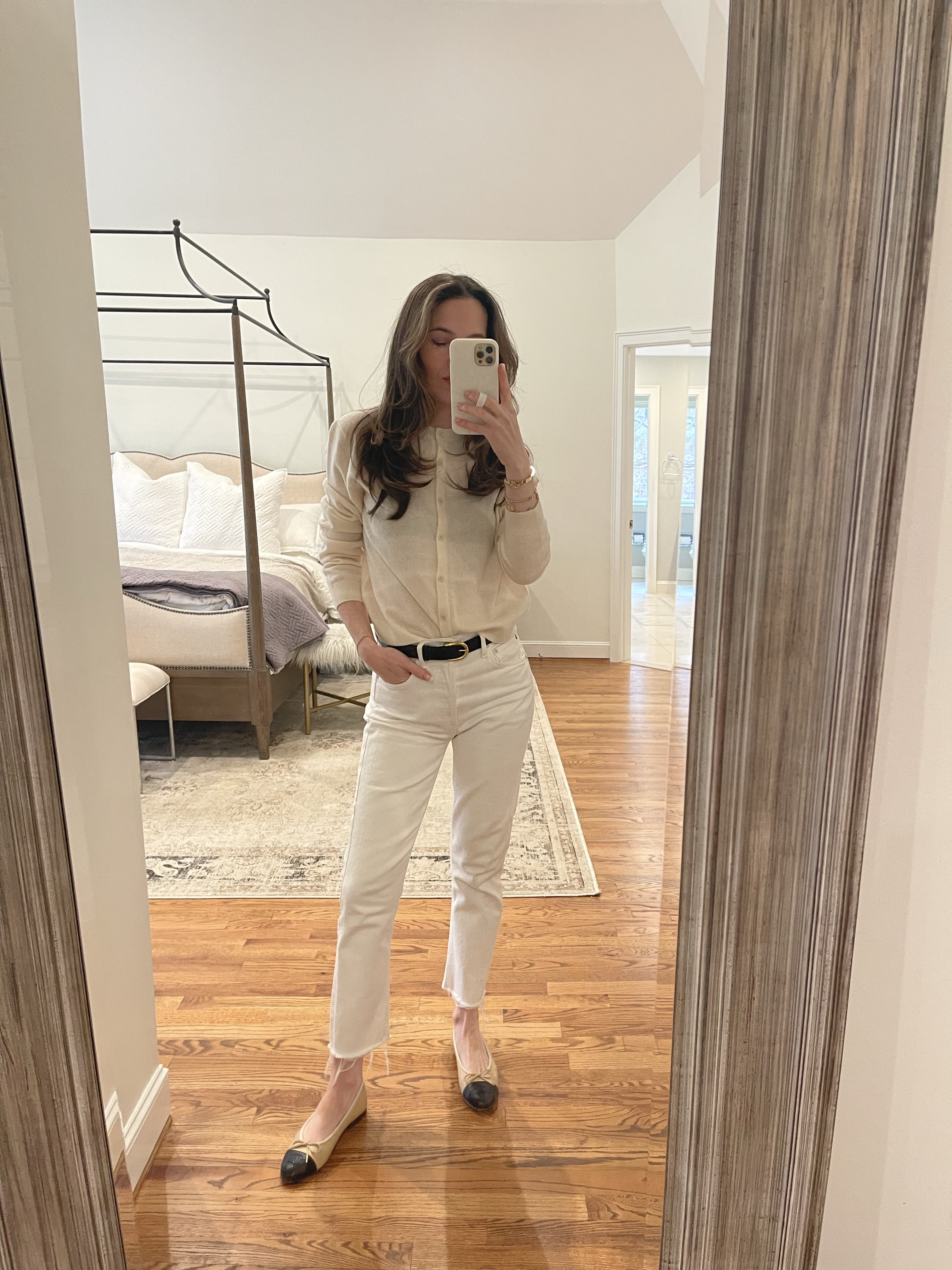Aritzia cashmere cardigan and white jeans. Found a great look for less for my. Chanel cap toe ballet flats I wear all the time! 

#LTKShoeCrush #LTKSeasonal #LTKFindsUnder100