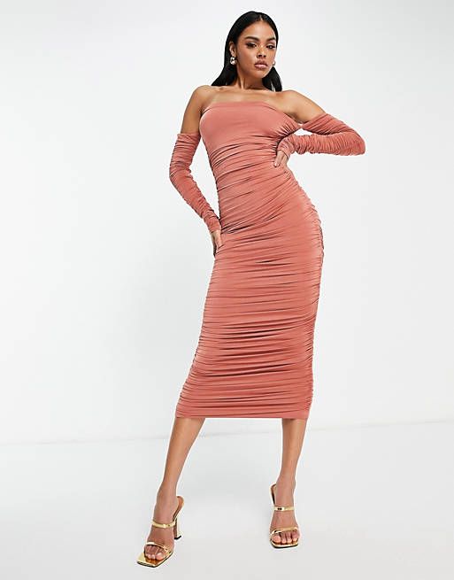 Public Desire double layer ruched midaxi dress in dusty peach | ASOS (Global)